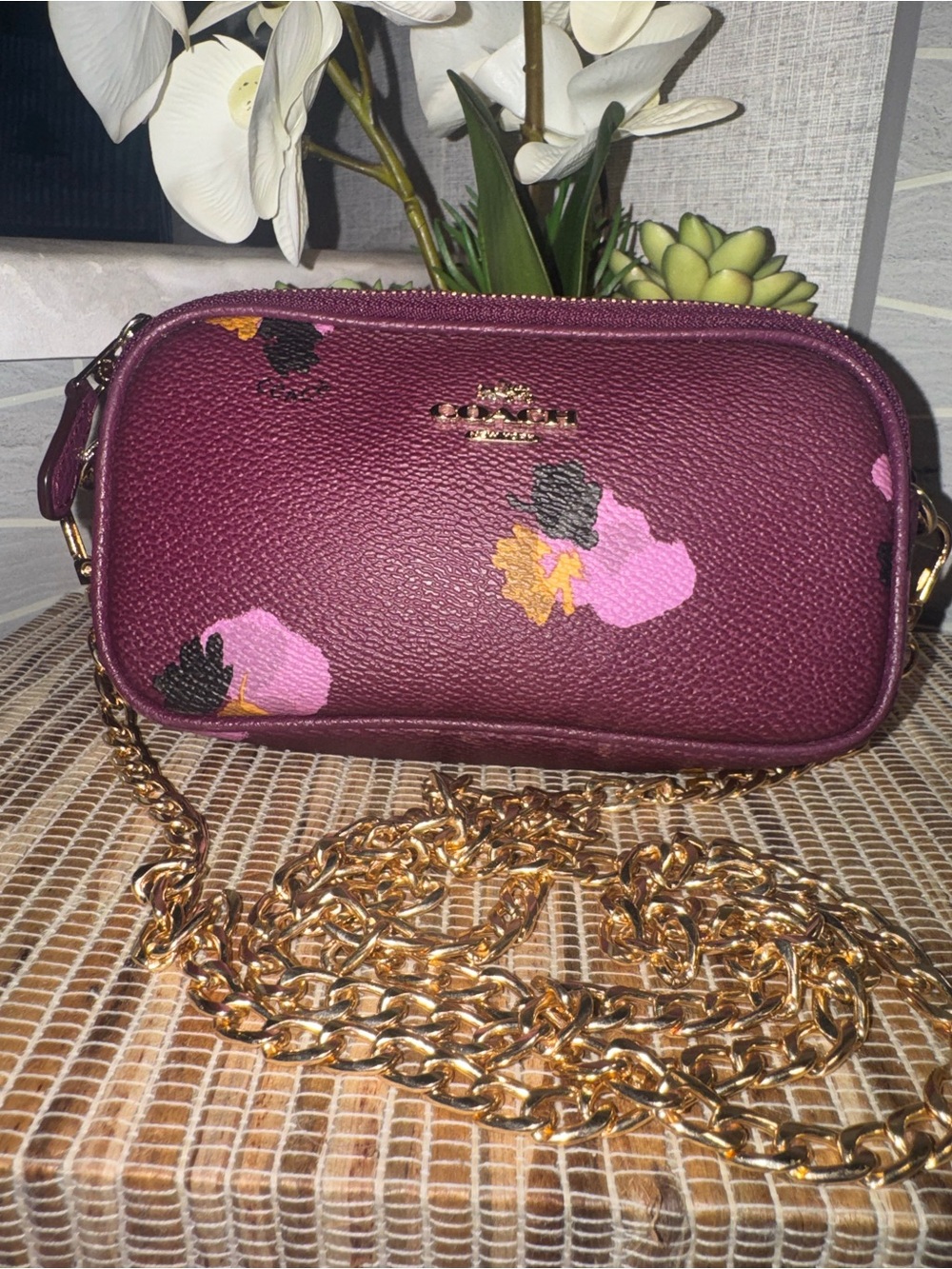 NWOT Coach Plum Floral Pebbled Leather Double Zip Mini Crossbody Bag